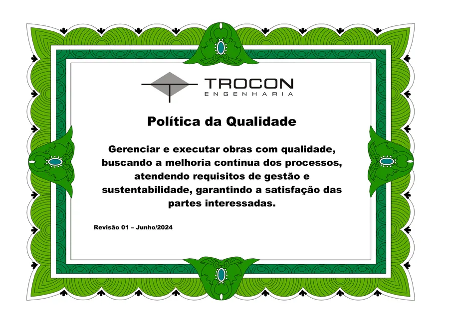 Cartaz com a Política da Qualidade da Trocon Engenharia